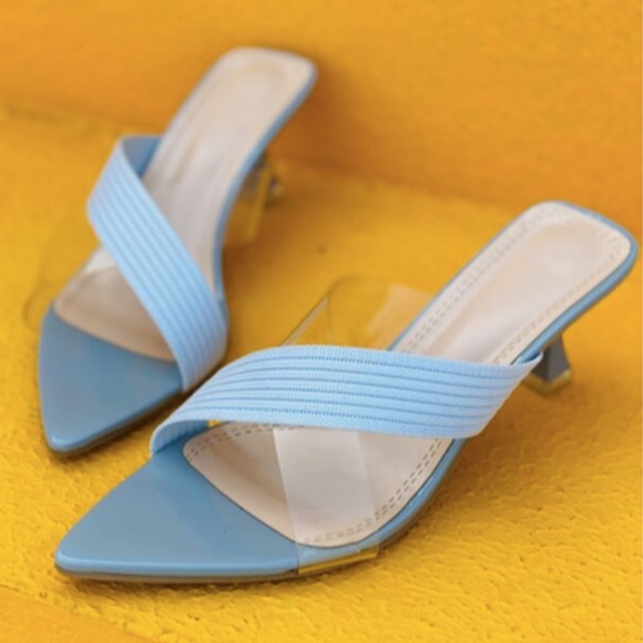Baby blue + Clear Criss Cross Knit Mule Sandals (size eur 40) - Picture 3 of 4